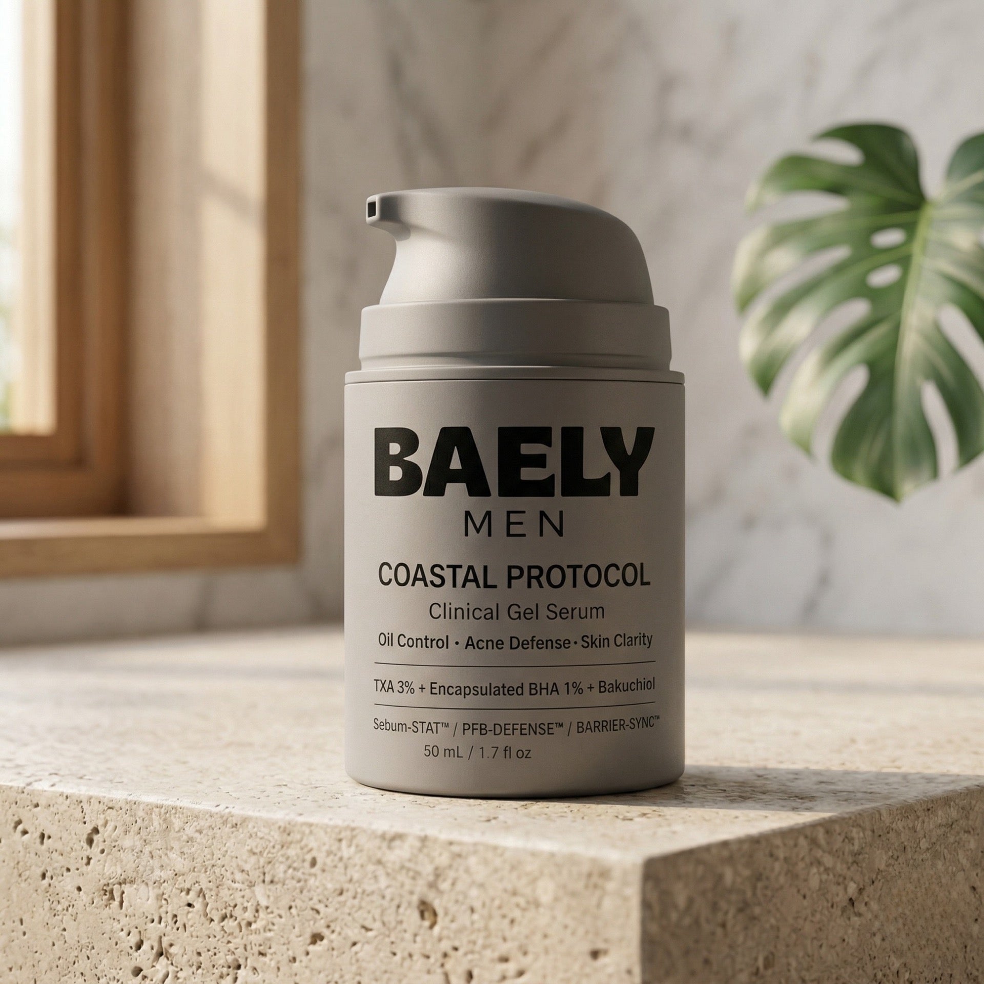 Baely Men Coastal Protocol Gel Serum bottle on stone mockup photo